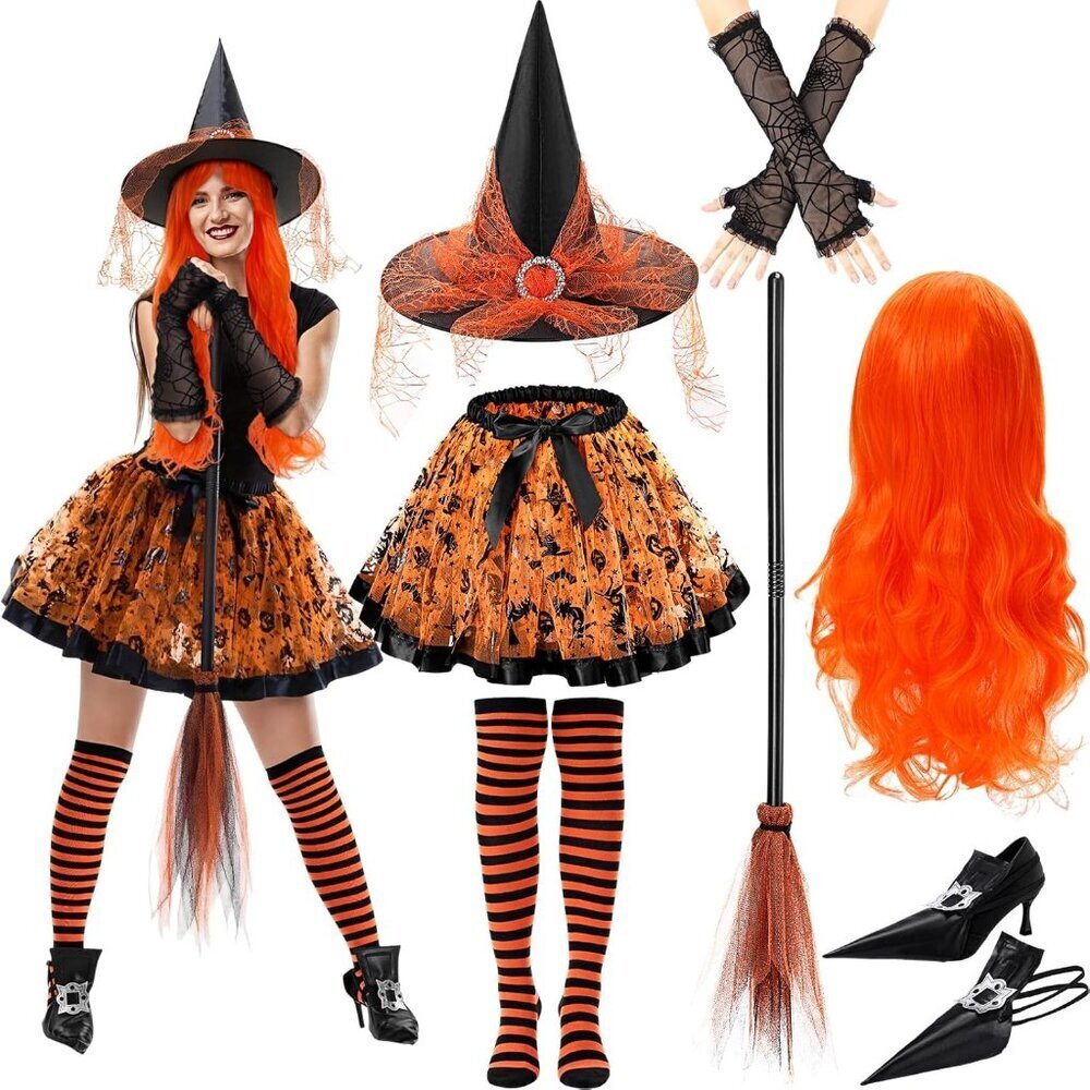 Women Witch Costume 7pcs Polyester Gauze Includes Hat Skirt Socks Gloves